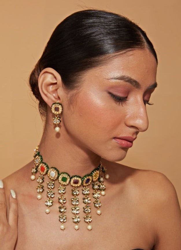 Gold Plated Choker Necklace With Multicolored Stone Vivinia by Vidhi Mehra - Fabilicious Fashion