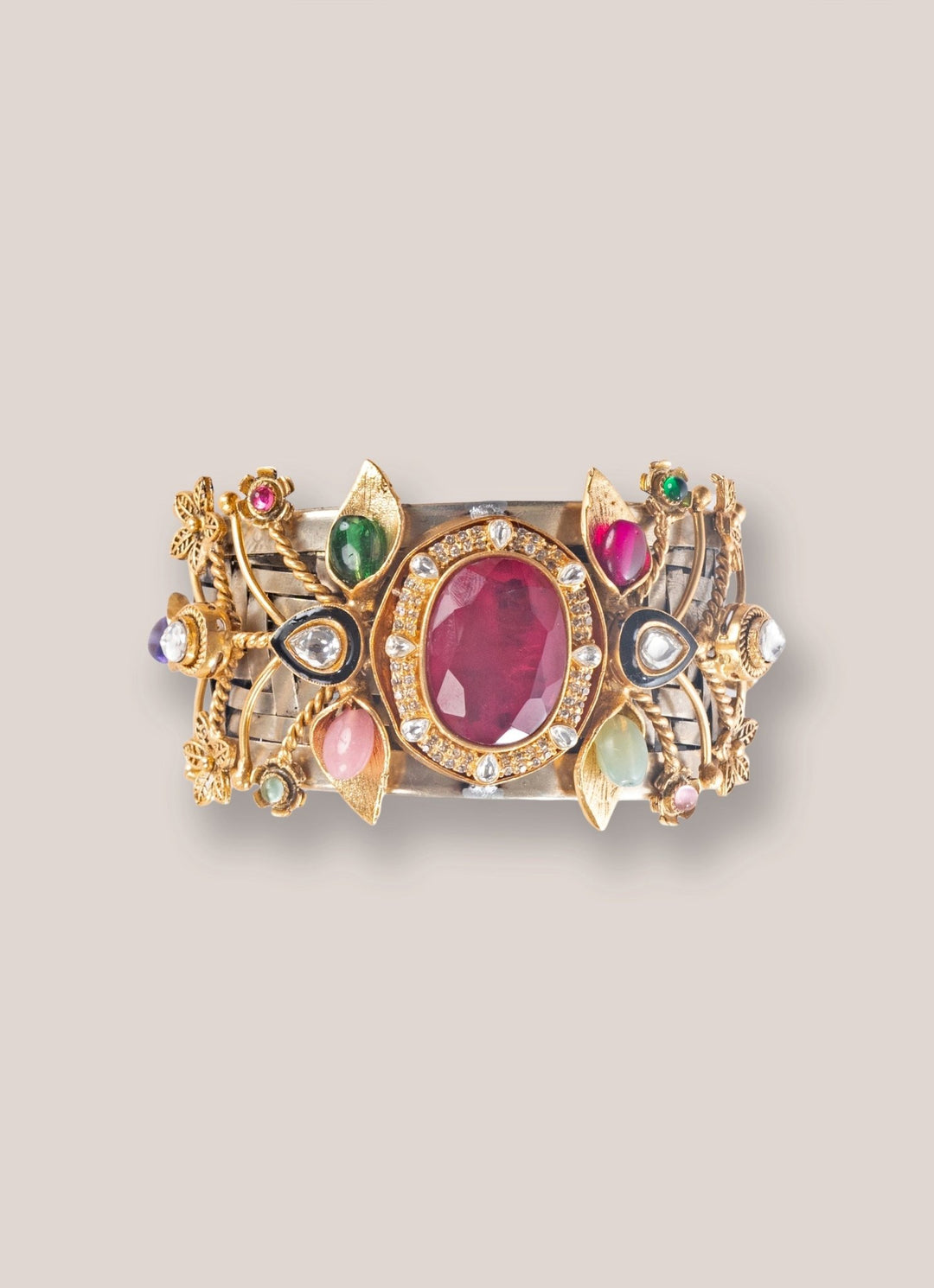 Gold Plated Cuff Bracelet With Multicolor Stones Zevar by Geeta - Fabilicious Fashion