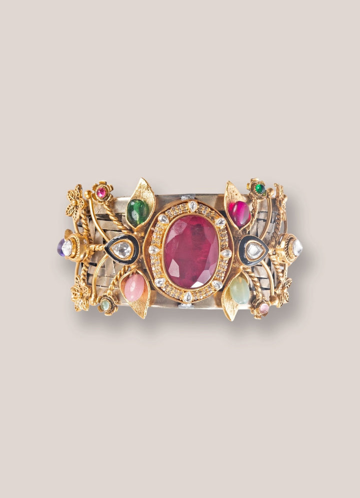 Gold Plated Cuff Bracelet With Multicolor Stones Zevar by Geeta - Fabilicious Fashion
