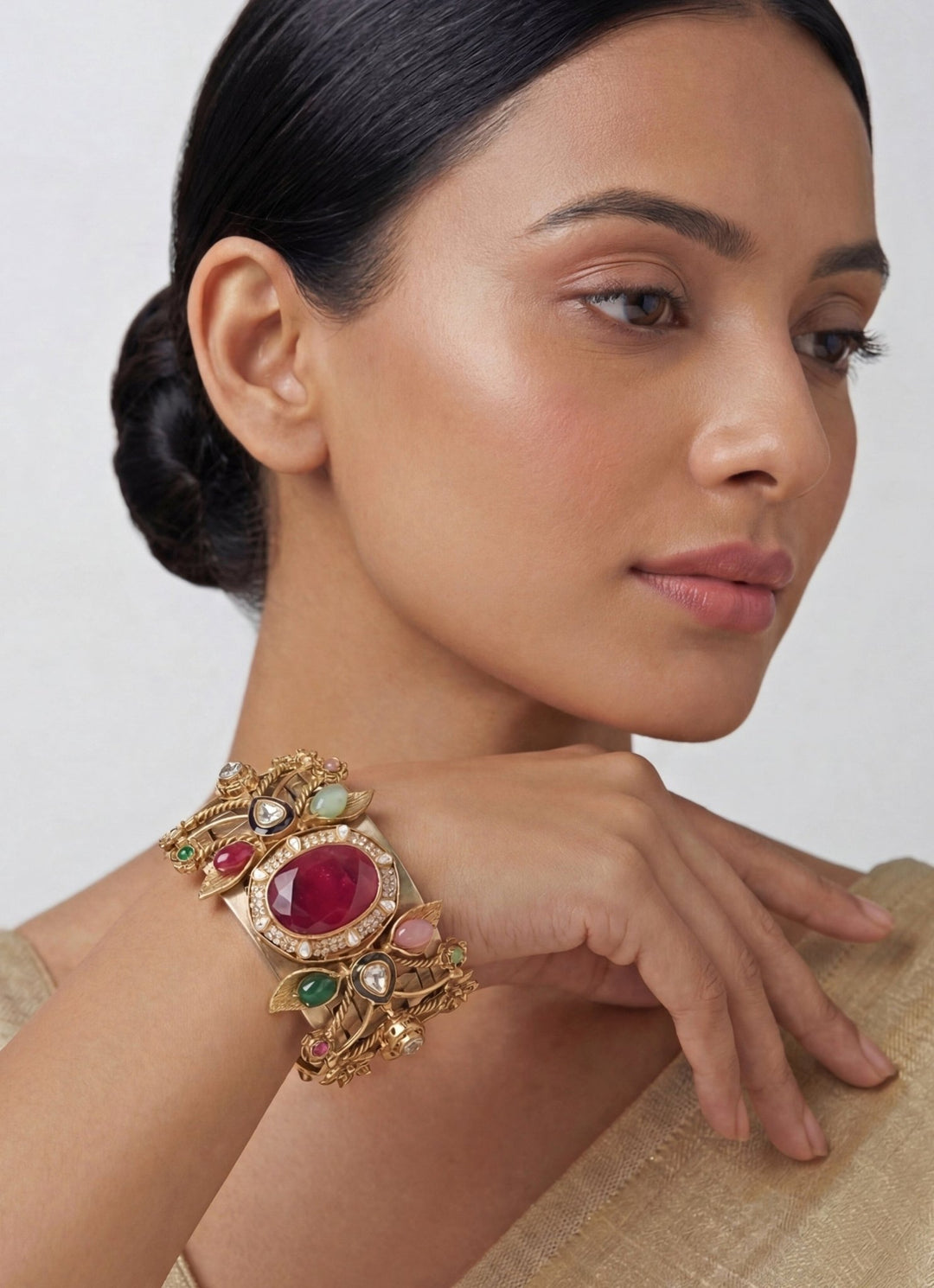 Gold Plated Cuff Bracelet With Multicolor Stones Zevar by Geeta - Fabilicious Fashion