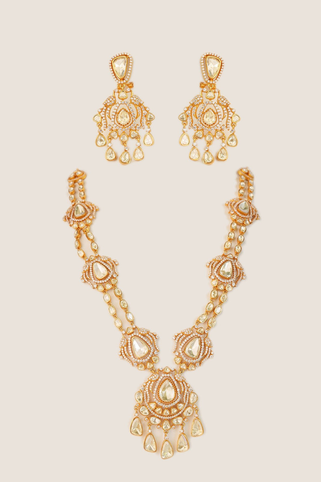 Gold Plated Double Layered Moissanite Necklace Set Zevar by Geeta - Fabilicious Fashion