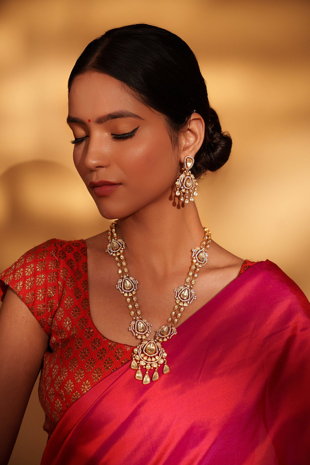 Gold Plated Double Layered Moissanite Necklace Set Zevar by Geeta - Fabilicious Fashion