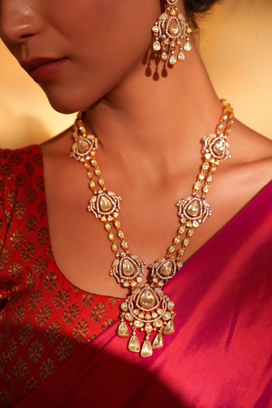 Gold Plated Double Layered Moissanite Necklace Set Zevar by Geeta - Fabilicious Fashion