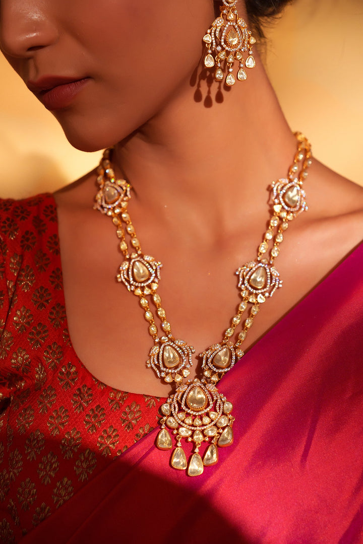 Gold Plated Double Layered Moissanite Necklace Set Zevar by Geeta - Fabilicious Fashion