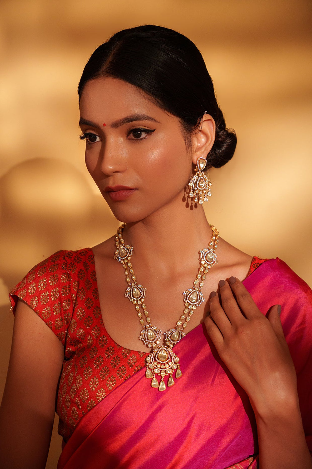 Gold Plated Double Layered Moissanite Necklace Set Zevar by Geeta - Fabilicious Fashion