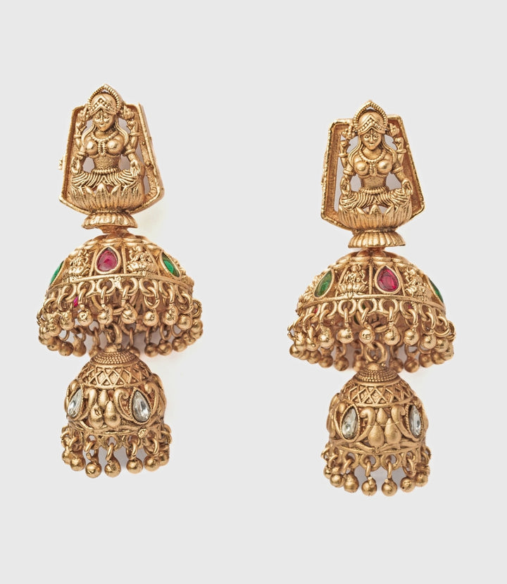 Gold Plated Double Tiered Jhumka Earrings Vivinia by Vidhi Mehra - Fabilicious Fashion