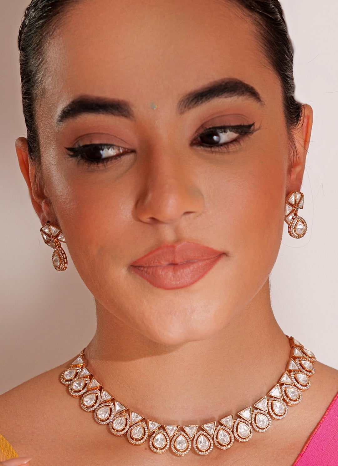 Gold Plated Drop Shaped Kundan Polki Necklace Set Zevar by Geeta - Fabilicious Fashion