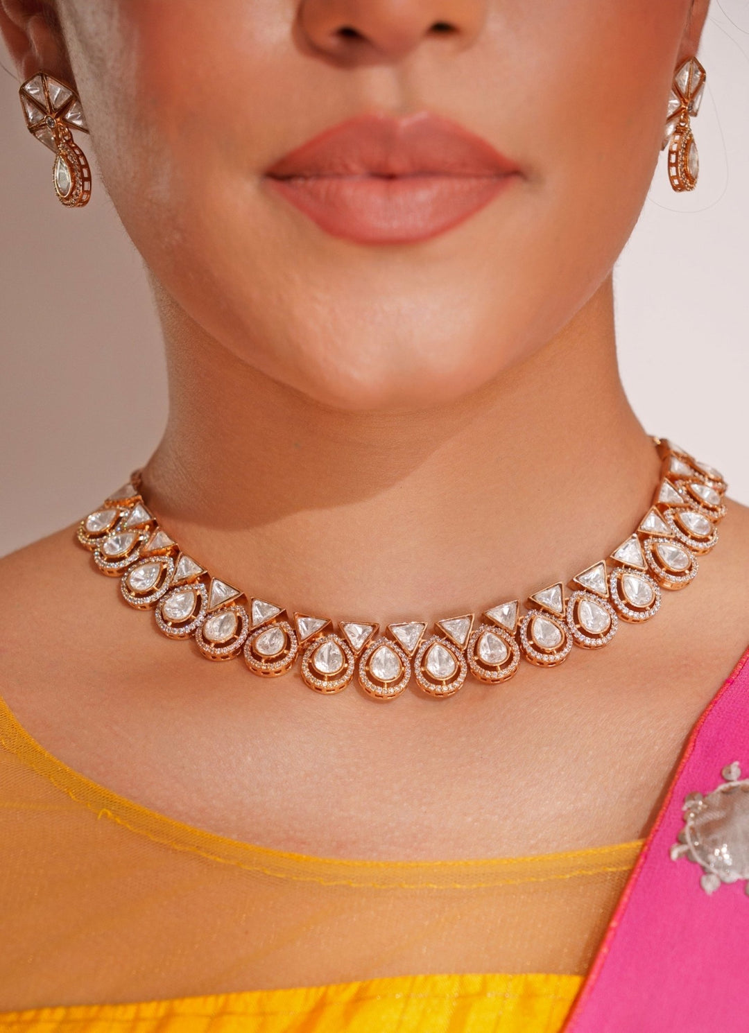 Gold Plated Drop Shaped Kundan Polki Necklace Set Zevar by Geeta - Fabilicious Fashion
