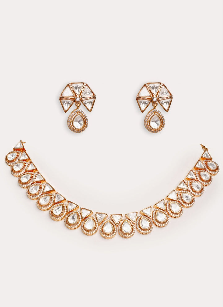 Gold Plated Drop Shaped Kundan Polki Necklace Set Zevar by Geeta - Fabilicious Fashion