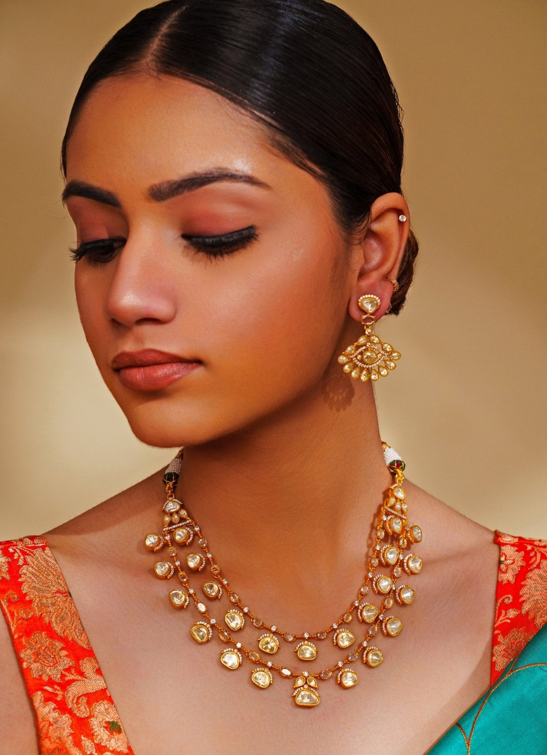 Gold Plated Dual - Layered Moissanite Necklace Set Zevar by Geeta - Fabilicious Fashion