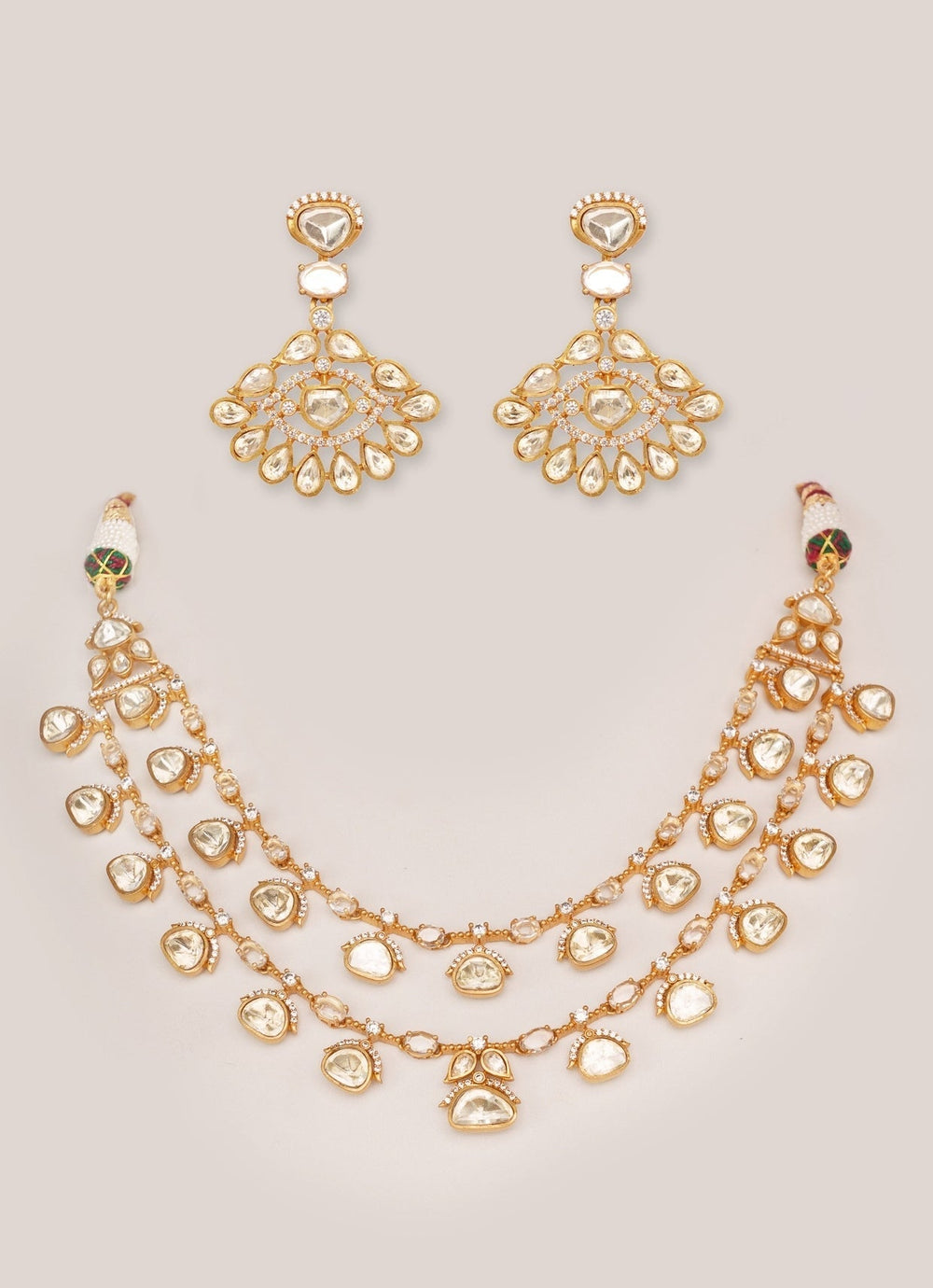 Gold Plated Dual - Layered Moissanite Necklace Set Zevar by Geeta - Fabilicious Fashion