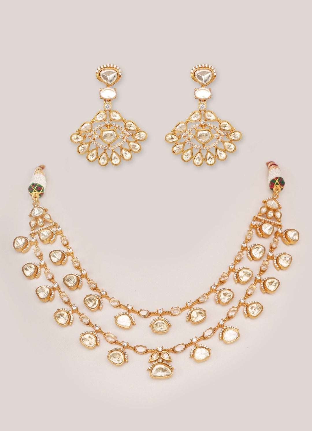 Gold Plated Dual - Layered Moissanite Necklace Set Zevar by Geeta - Fabilicious Fashion
