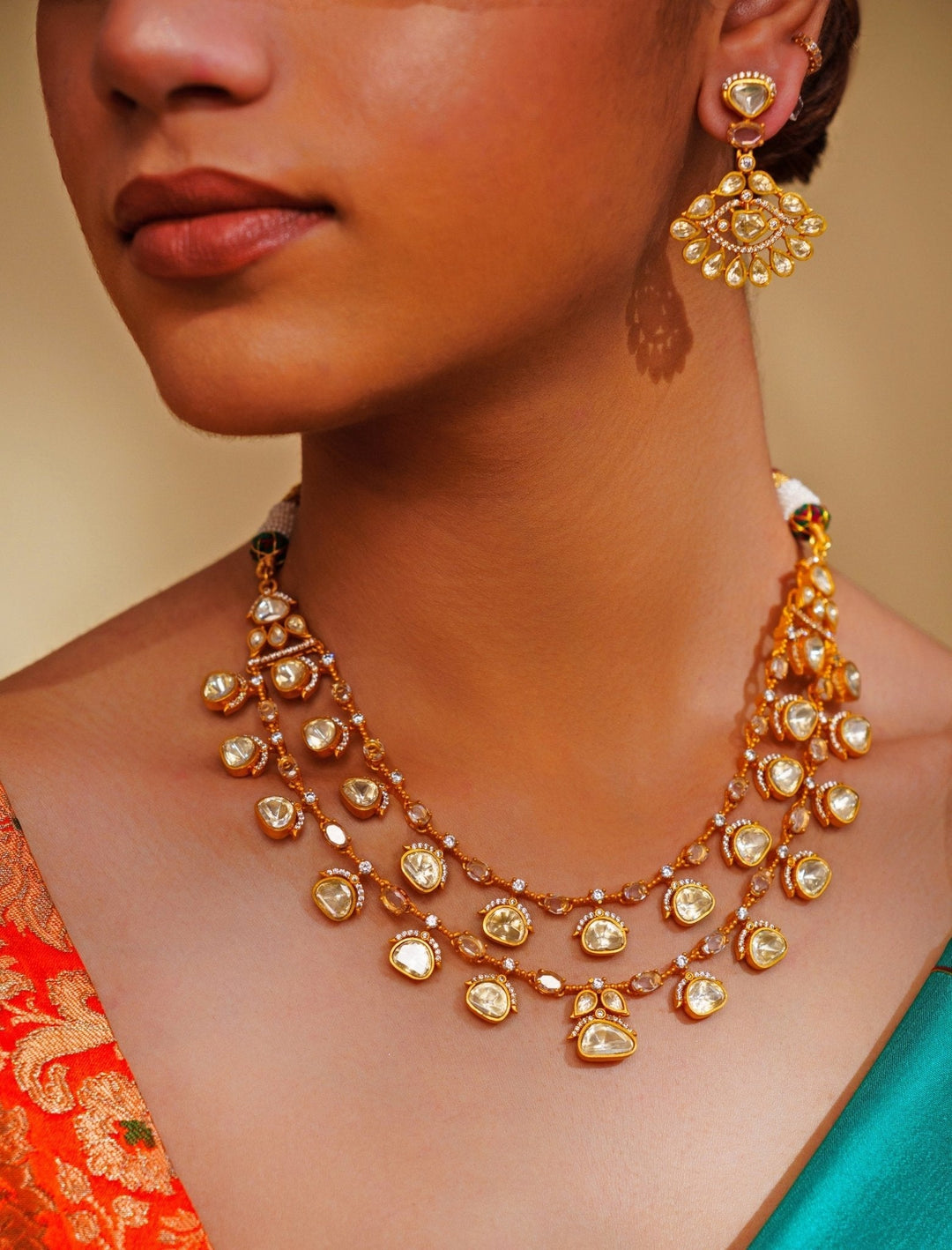 Gold Plated Dual - Layered Moissanite Necklace Set Zevar by Geeta - Fabilicious Fashion