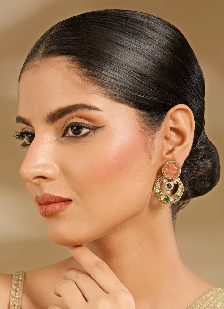 Gold Plated Earrings With Multicolor Stones Vivinia By Vidhi Mehra - Fabilicious Fashion