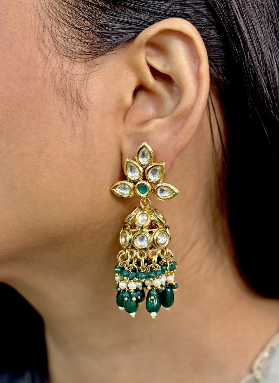 Naymee Gold Plated Emerald And Kundan JhumkaFabilicious Fashion