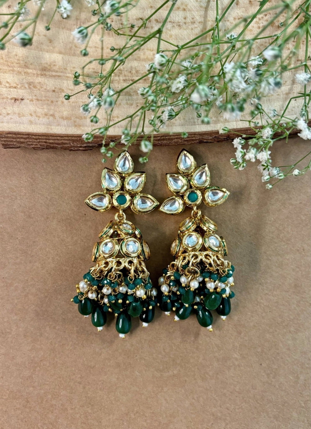 Naymee Gold Plated Emerald And Kundan JhumkaFabilicious Fashion