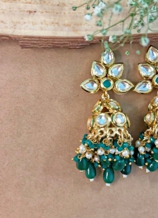 Naymee Gold Plated Emerald And Kundan JhumkaFabilicious Fashion