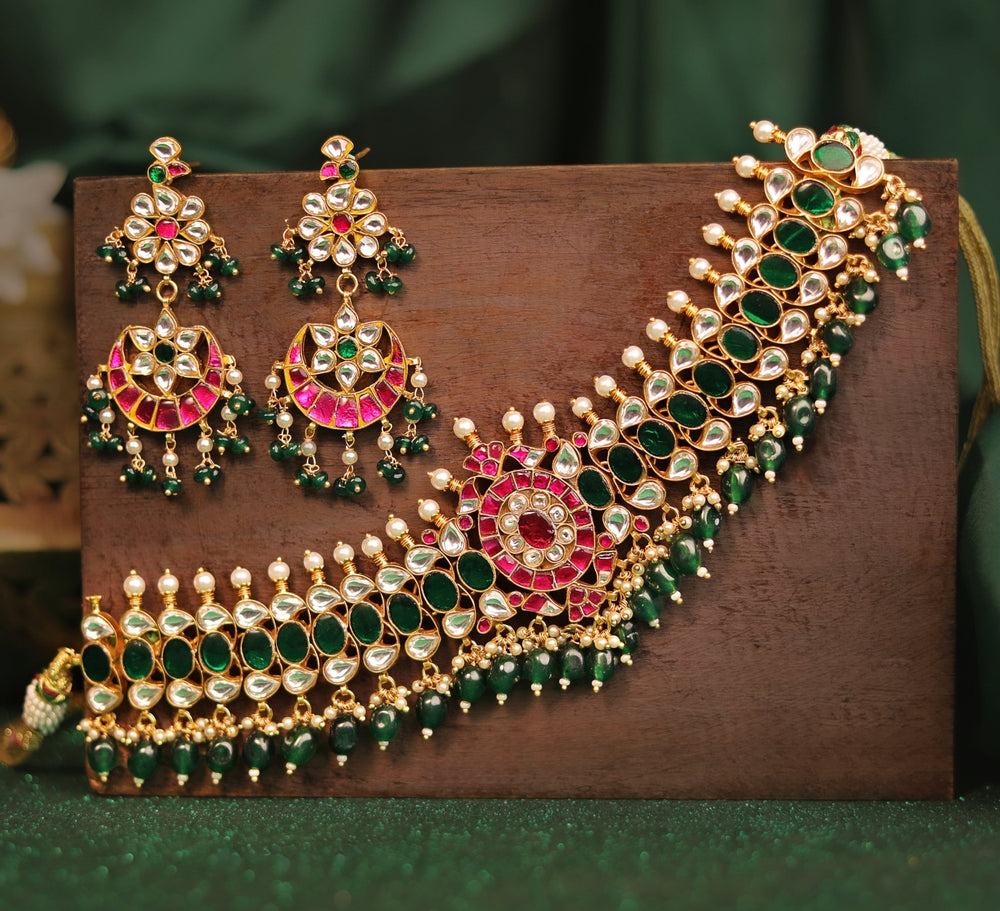 Gold Plated Emerald And Pink Beaded Choker Set Kalyani Indian Jewelry - Fabilicious Fashion