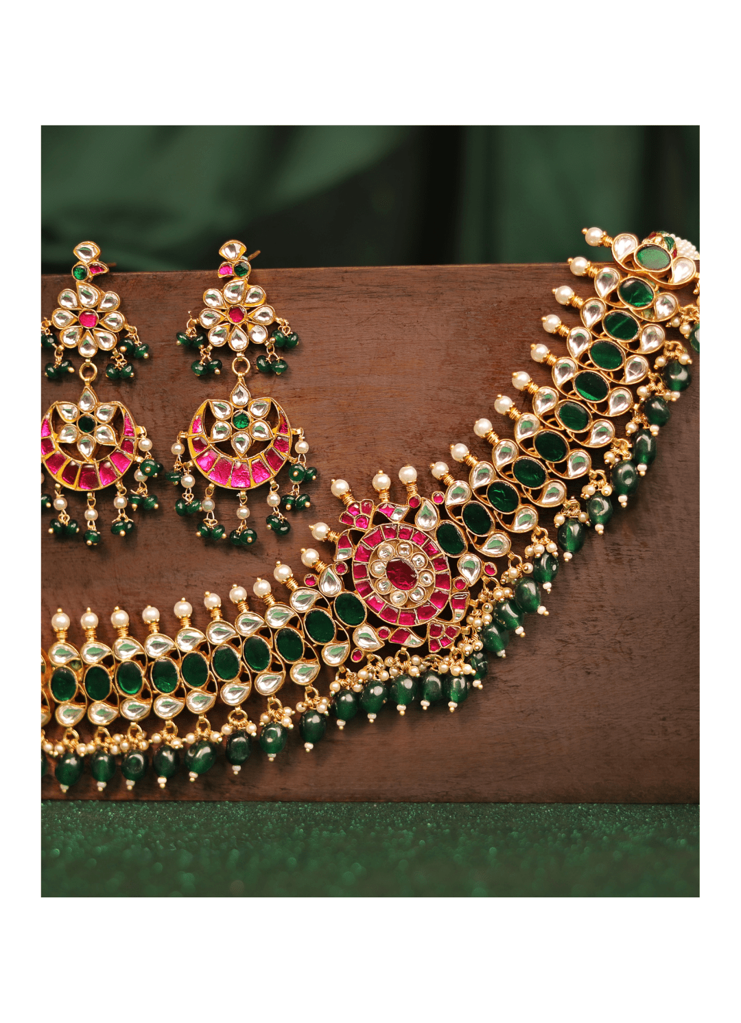 Gold Plated Emerald And Pink Beaded Choker Set Kalyani Indian Jewelry - Fabilicious Fashion