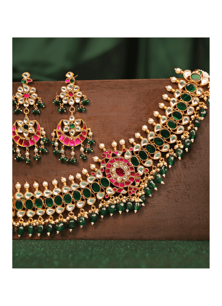 Gold Plated Emerald And Pink Beaded Choker Set Kalyani Indian Jewelry - Fabilicious Fashion