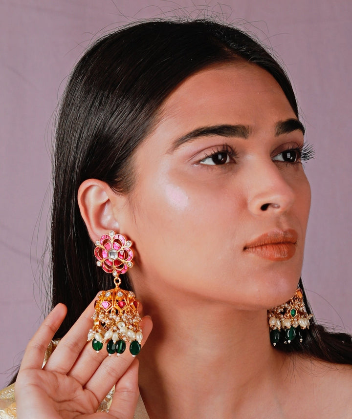 Gold Plated Emerald And Ruby Jhumkas Riana by Shikha Jindal - Fabilicious Fashion