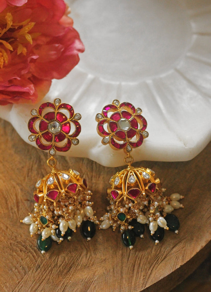 Gold Plated Emerald And Ruby Jhumkas Riana by Shikha Jindal - Fabilicious Fashion