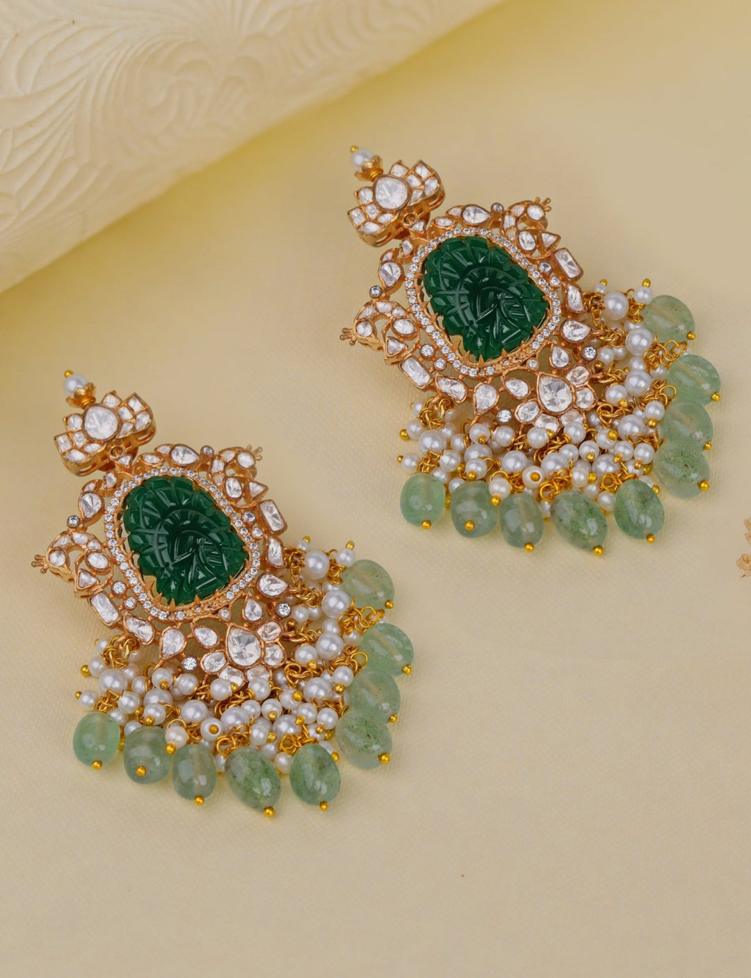 Gold Plated Emerald Green And Moissanite Stone Earrings Kalyani Indian Jewelry - Fabilicious Fashion