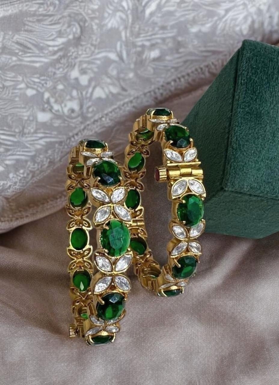 Gold Plated Emerald Green And White Stone Bangles Kalyani Indian Jewelry - Fabilicious Fashion