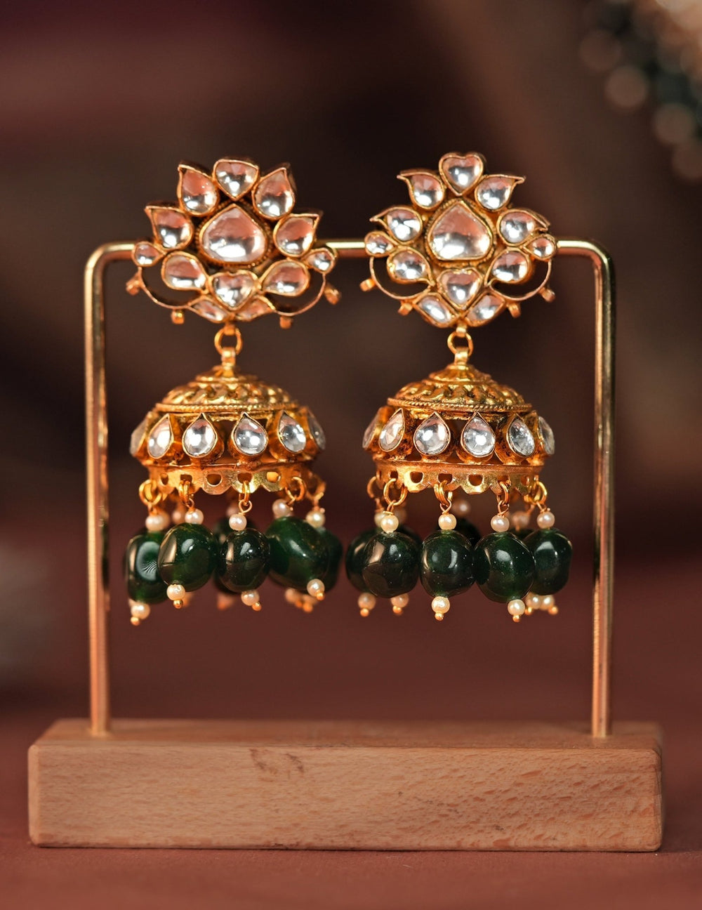 Gold Plated Emerald Green Beaded Jhumka Earrings Kalyani Indian Jewelry - Fabilicious Fashion