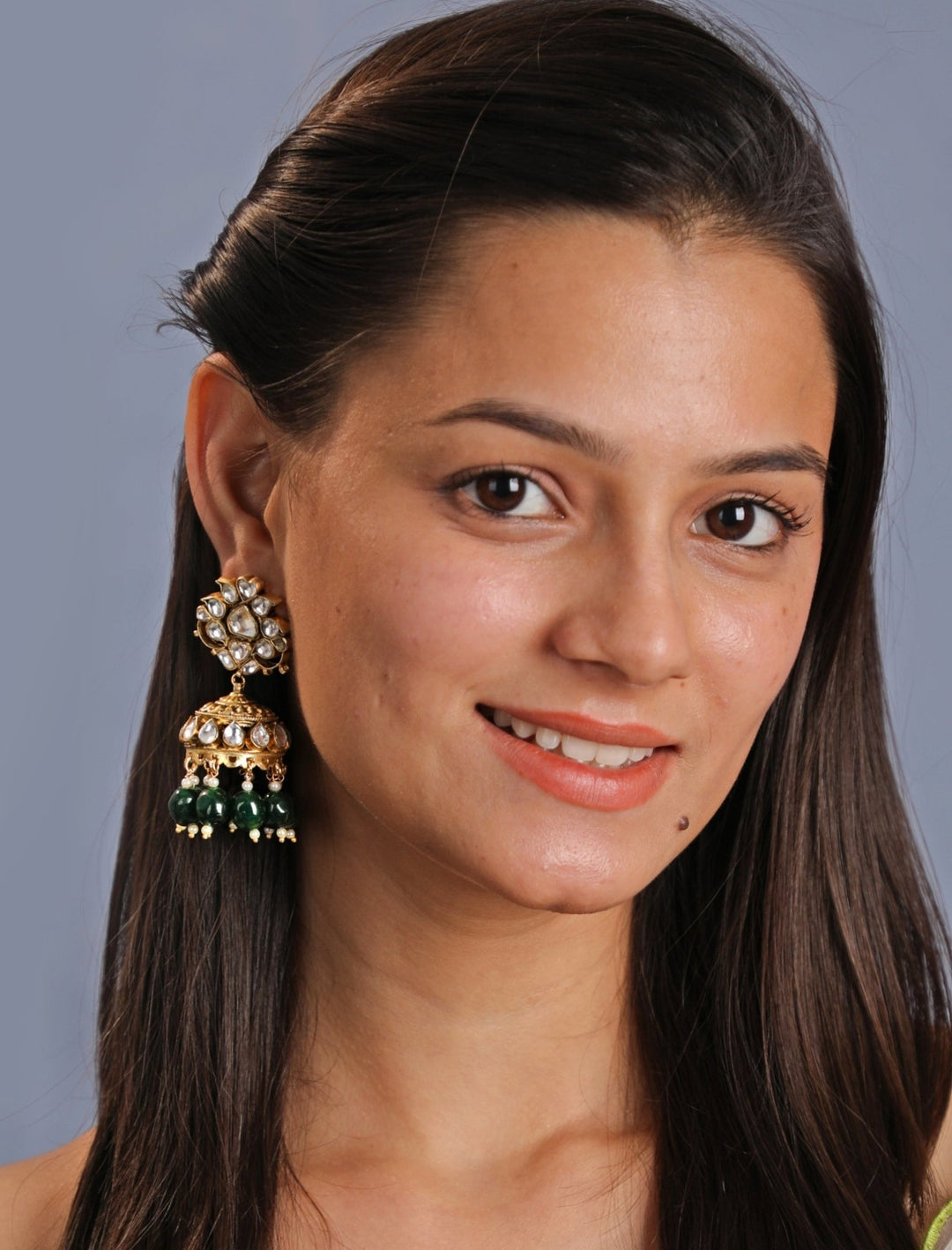 Gold Plated Emerald Green Beaded Jhumka Earrings Kalyani Indian Jewelry - Fabilicious Fashion
