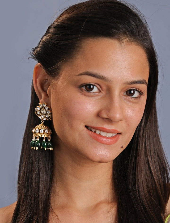 Gold Plated Emerald Green Beaded Jhumka Earrings Kalyani Indian Jewelry - Fabilicious Fashion