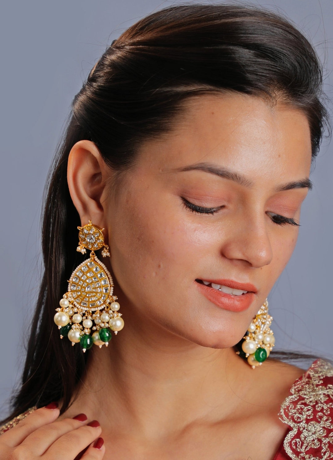 Gold Plated Emerald Green With Pearl Jadtar Earrings Kalyani Indian Jewelry - Fabilicious Fashion
