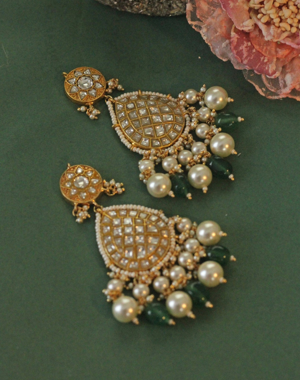 Gold Plated Emerald Green With Pearl Jadtar Earrings Kalyani Indian Jewelry - Fabilicious Fashion
