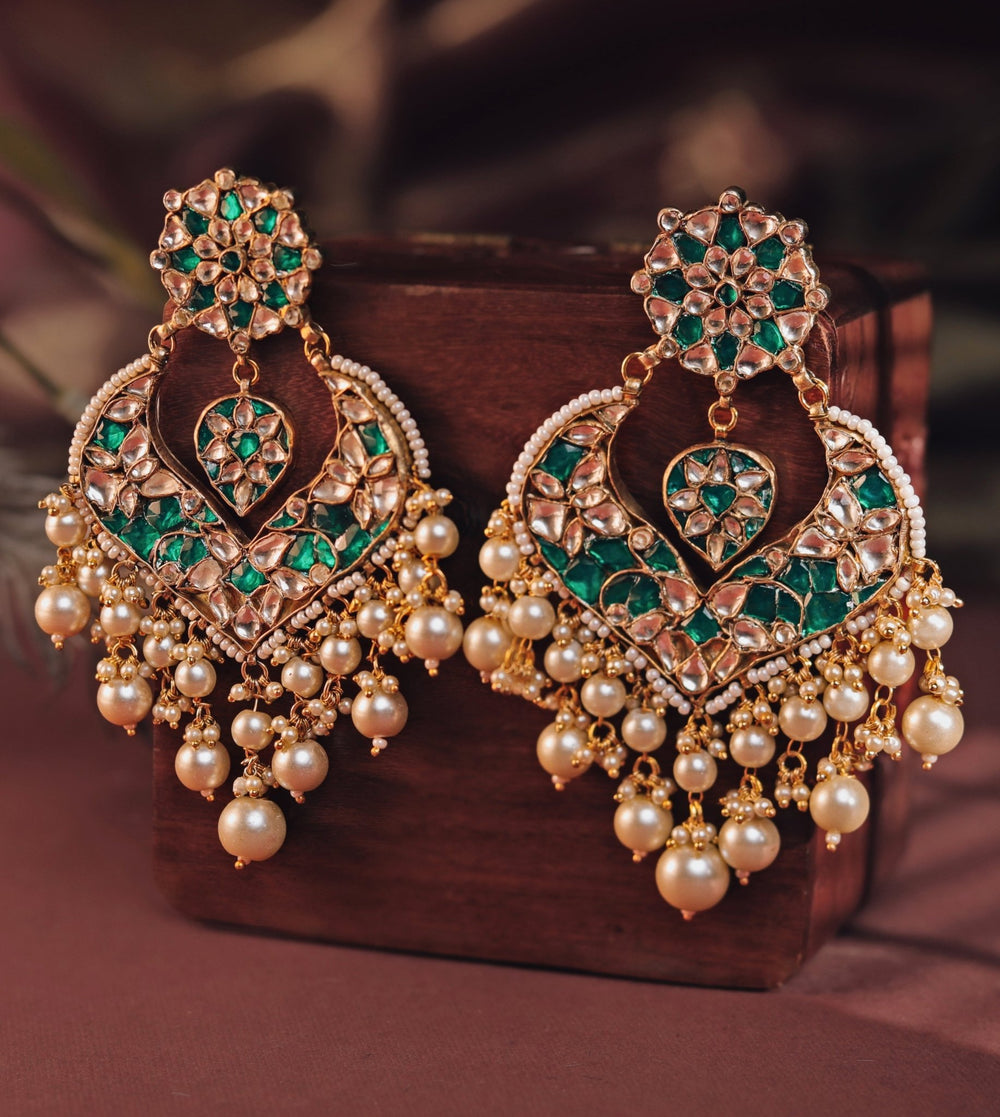 Gold Plated Floral Green And White Stone Dangler Earrings Kalyani Indian Jewelry - Fabilicious Fashion