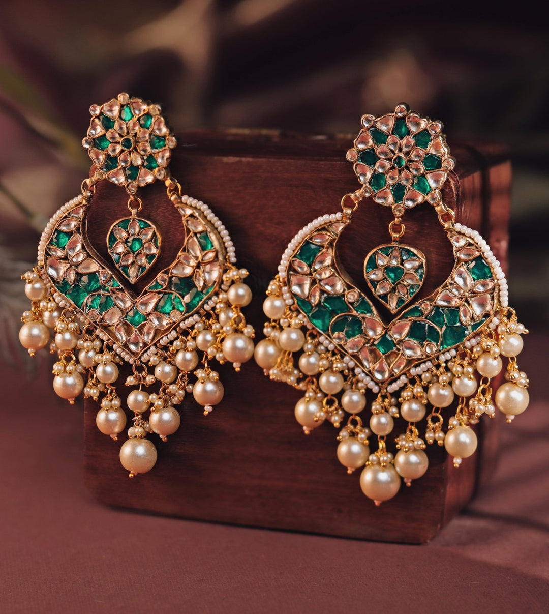 Gold Plated Floral Green And White Stone Dangler Earrings Kalyani Indian Jewelry - Fabilicious Fashion