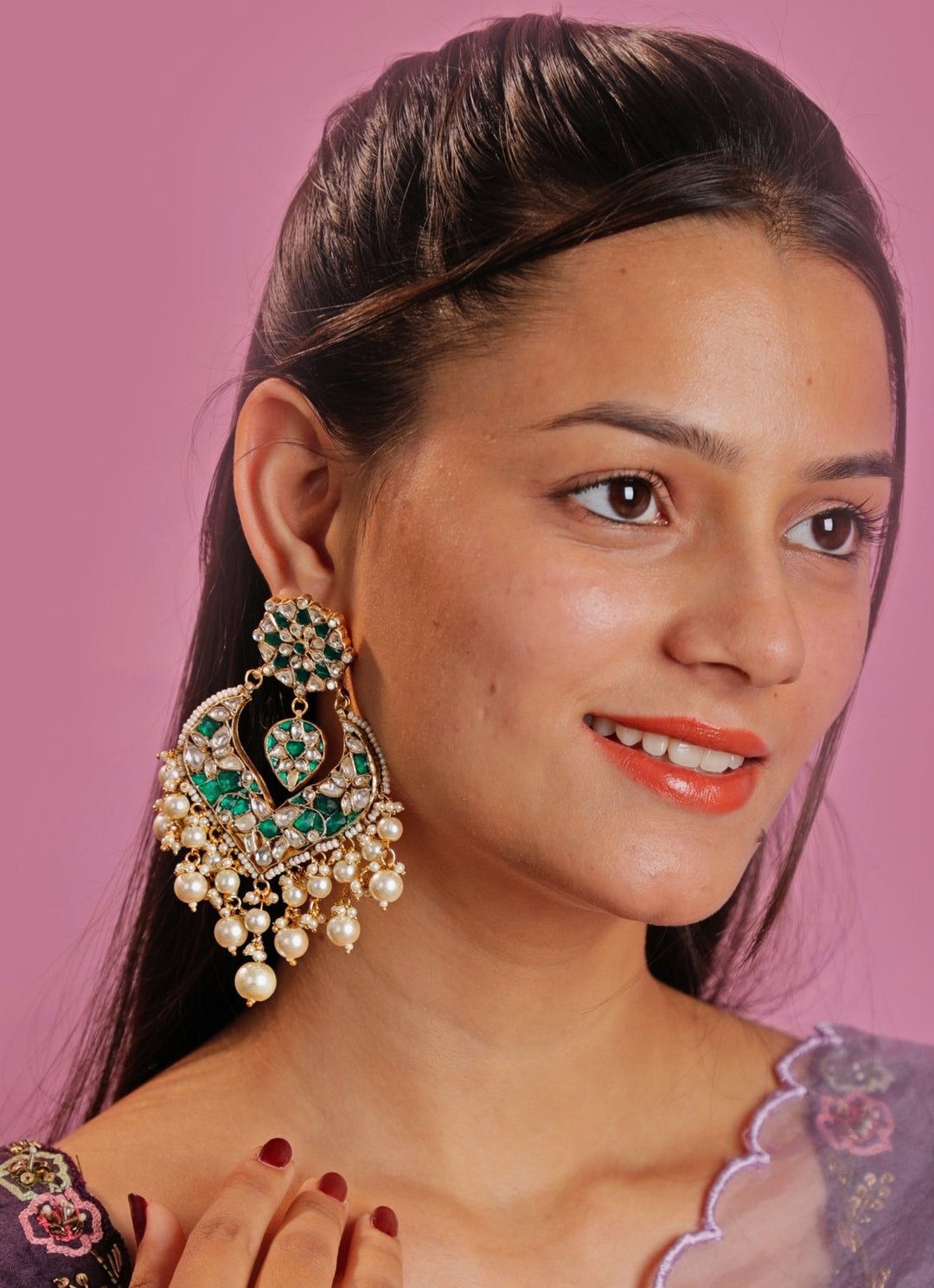 Gold Plated Floral Green And White Stone Dangler Earrings Kalyani Indian Jewelry - Fabilicious Fashion