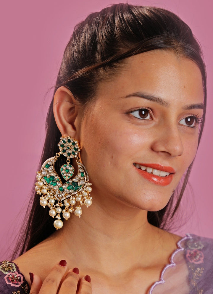 Gold Plated Floral Green And White Stone Dangler Earrings Kalyani Indian Jewelry - Fabilicious Fashion