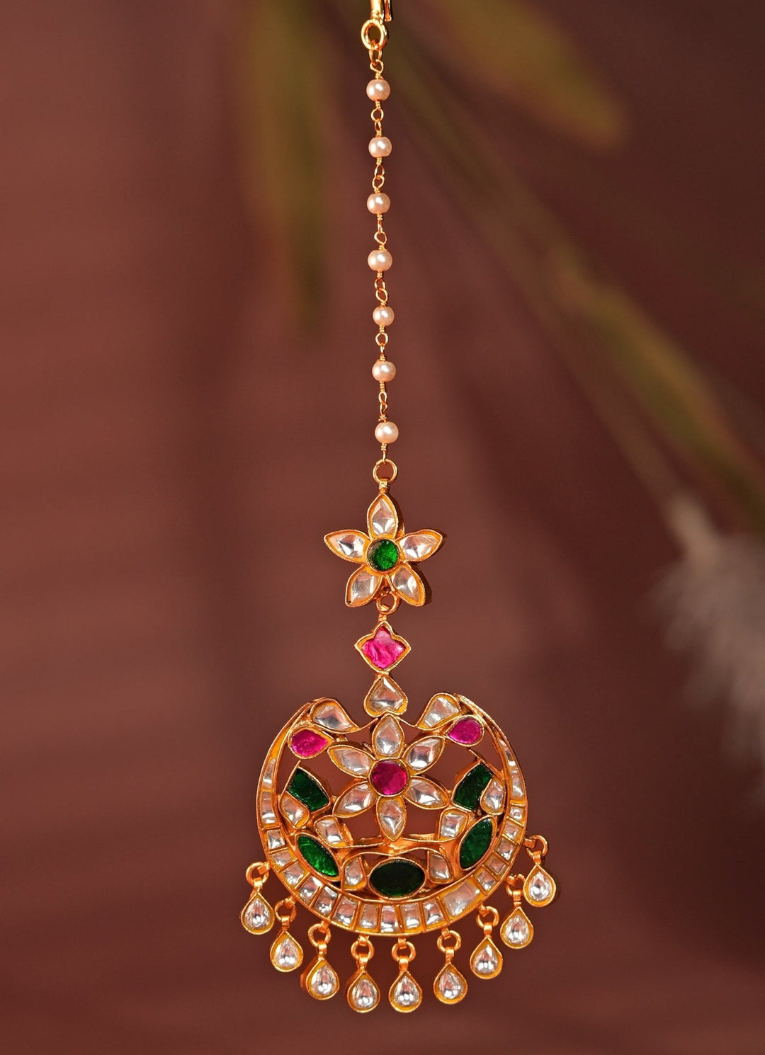 Gold Plated Floral Green Stone Maang Tikka Kalyani Indian Jewelry - Fabilicious Fashion