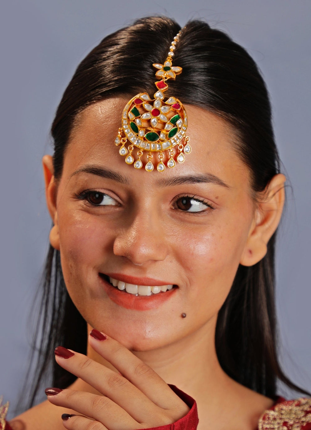 Gold Plated Floral Green Stone Maang Tikka Kalyani Indian Jewelry - Fabilicious Fashion