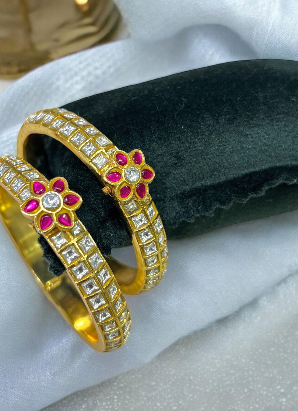 Gold Plated Floral Jadau Stone Bangle Kalyani Indian Jewelry - Fabilicious Fashion