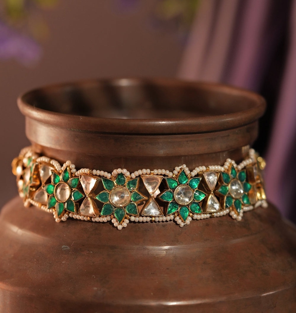 Gold Plated Floral Jadtar And Green Choker Kalyani Indian Jewelry - Fabilicious Fashion