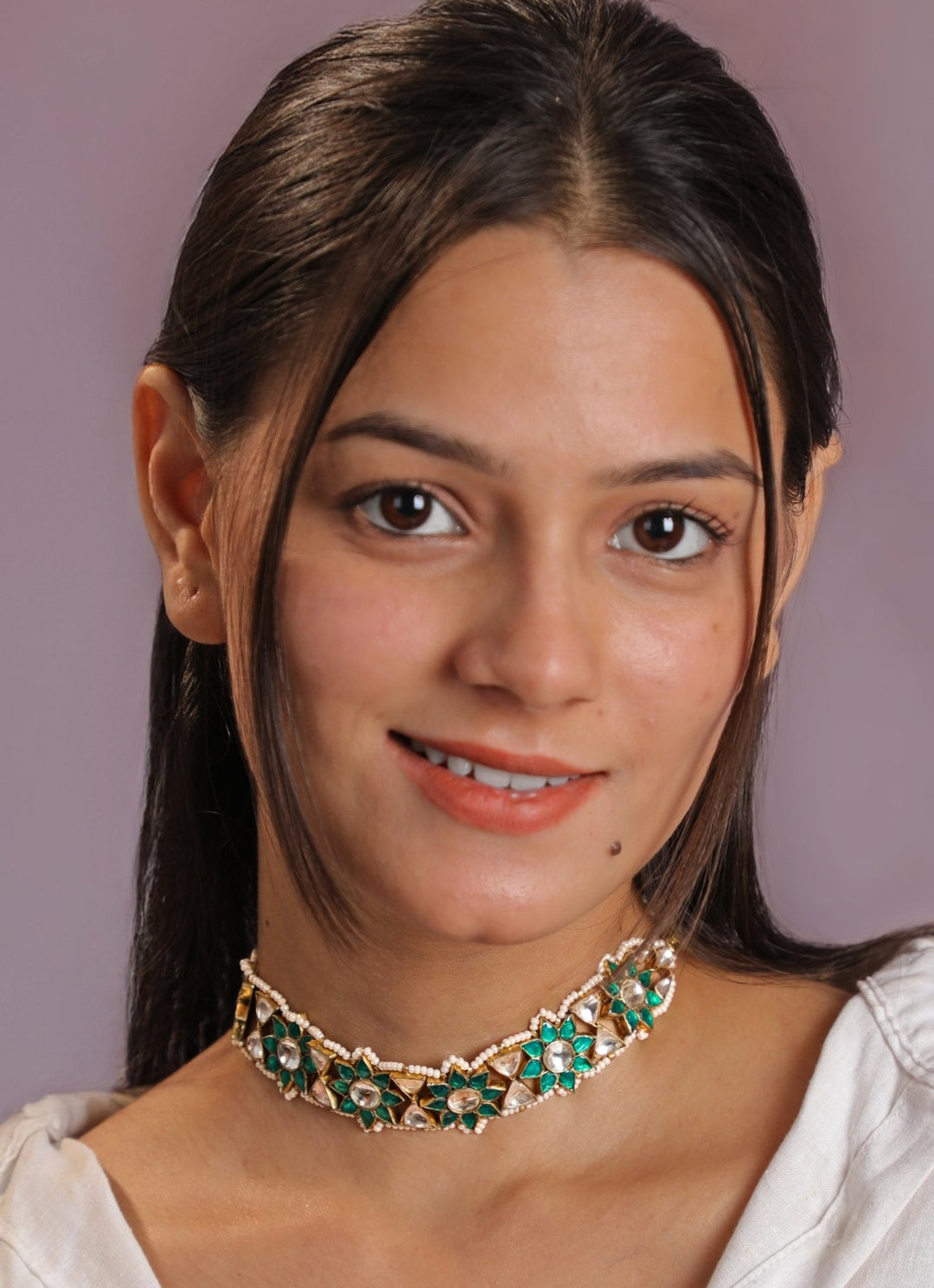 Gold Plated Floral Jadtar And Green Choker Kalyani Indian Jewelry - Fabilicious Fashion