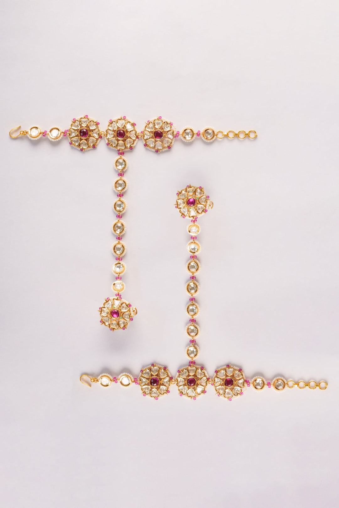 Gold Plated Floral Kundan And Pink Stone Hathphools Zevar by Geeta - Fabilicious Fashion