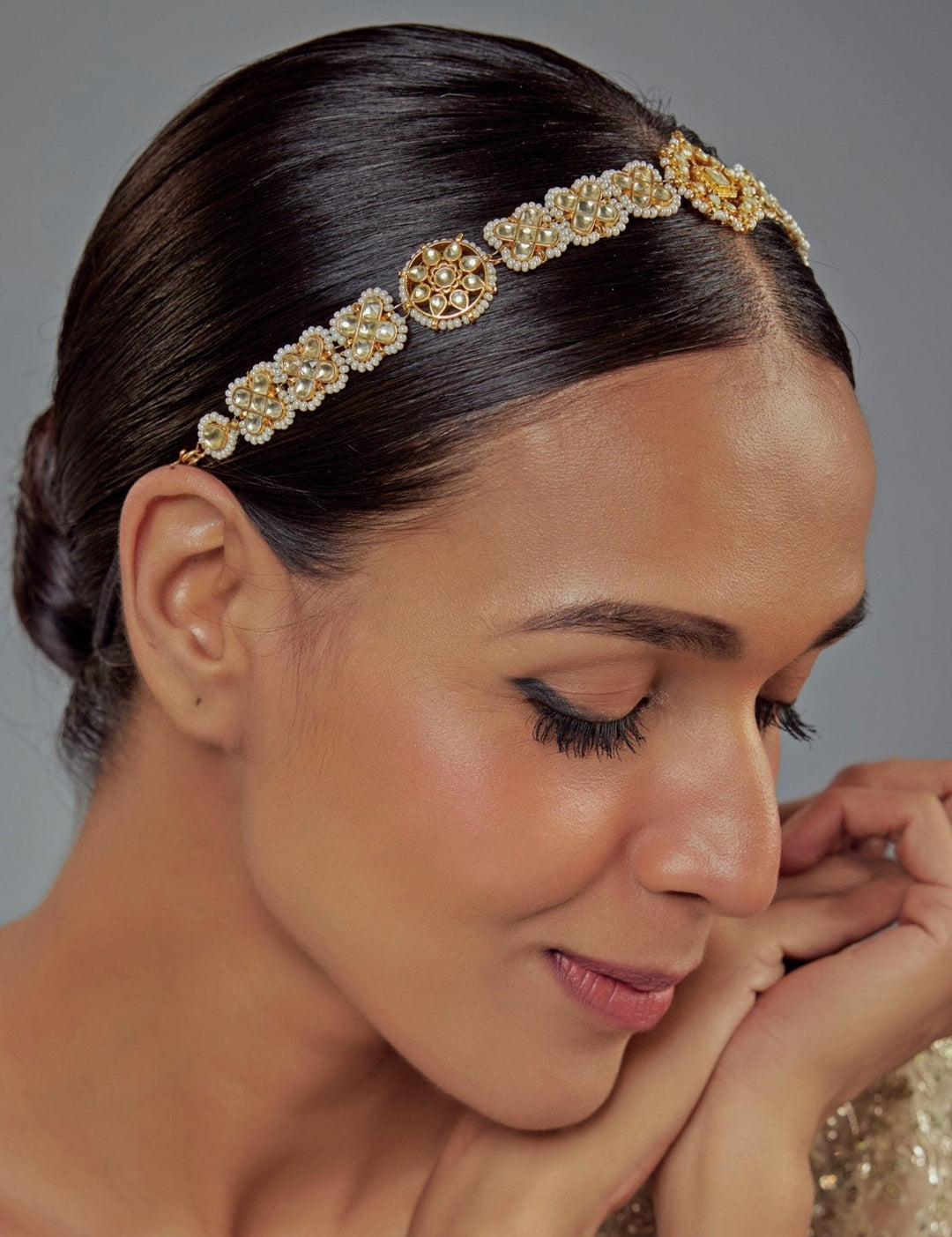 Gold Plated Floral Kundan And Polki Matha Patti Vivinia by Vidhi Mehra - Fabilicious Fashion