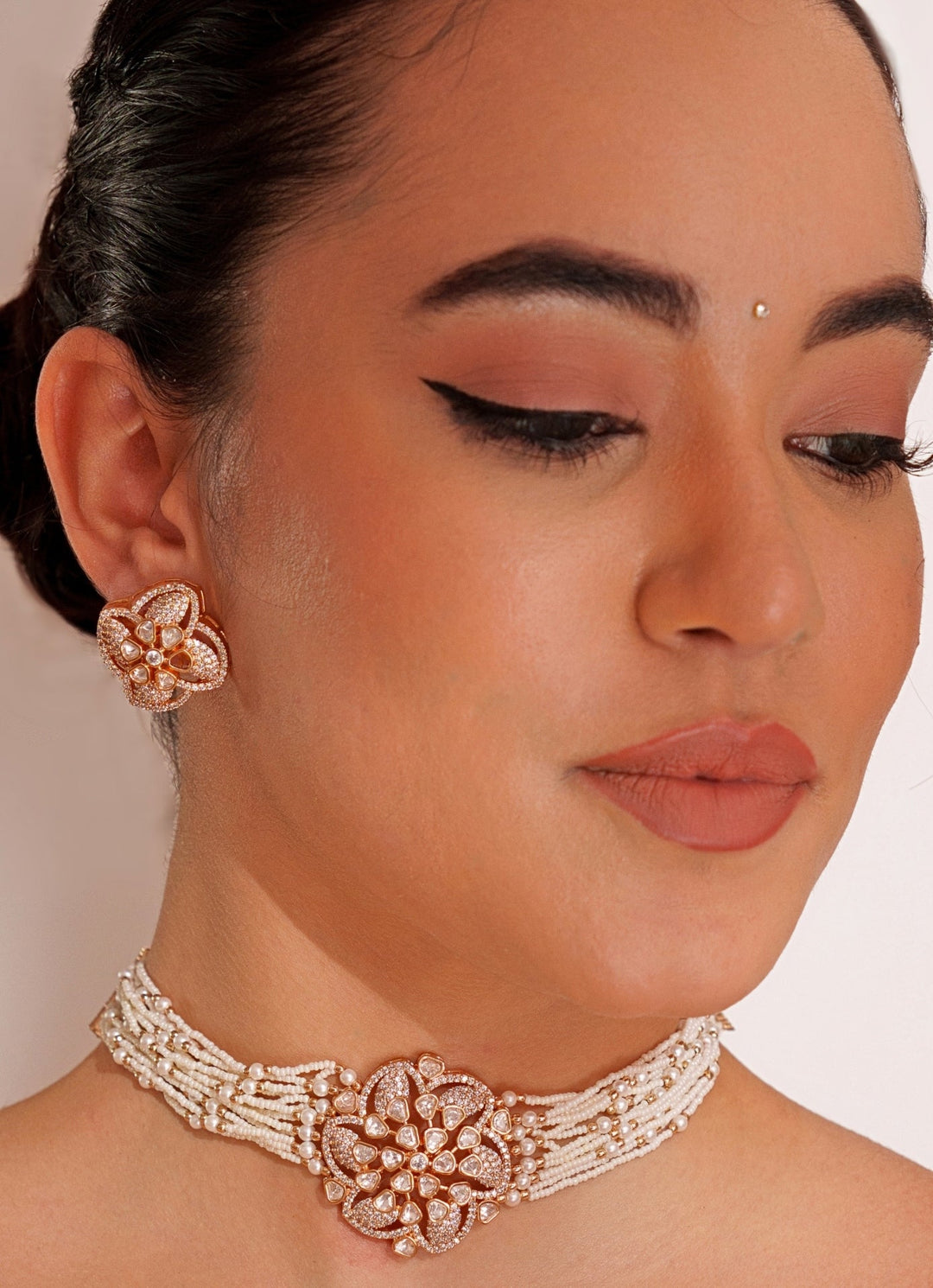 Gold Plated Floral Kundan Choker Set With White Beads Zevar by Geeta - Fabilicious Fashion