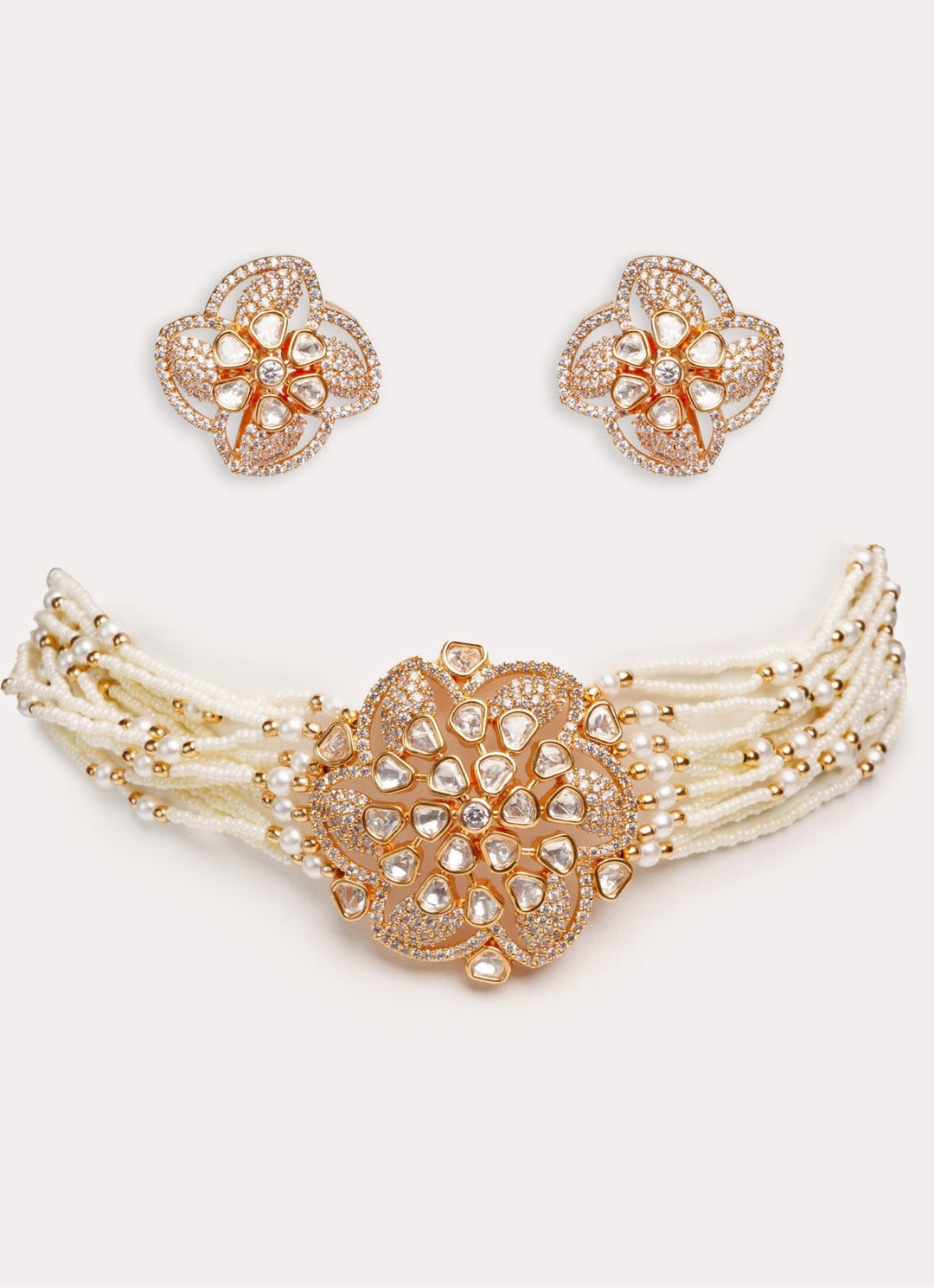 Gold Plated Floral Kundan Choker Set With White Beads Zevar by Geeta - Fabilicious Fashion