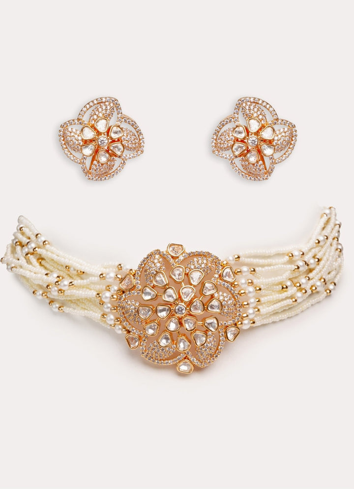 Gold Plated Floral Kundan Choker Set With White Beads Zevar by Geeta - Fabilicious Fashion