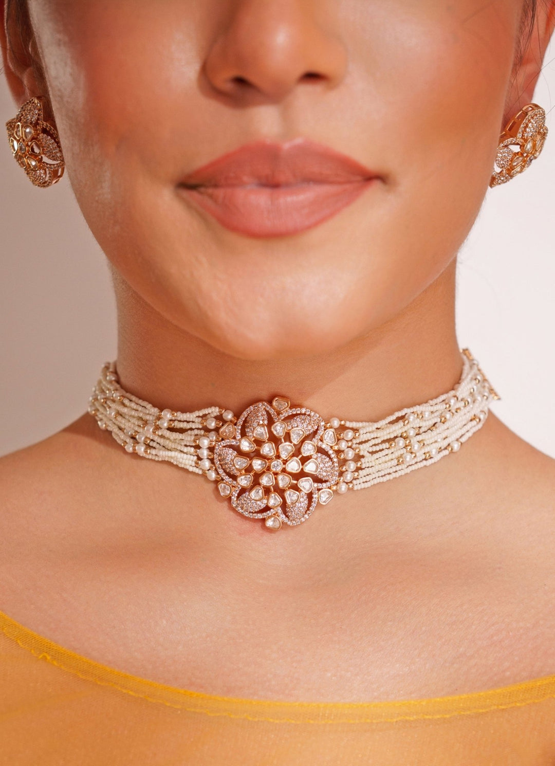 Gold Plated Floral Kundan Choker Set With White Beads Zevar by Geeta - Fabilicious Fashion