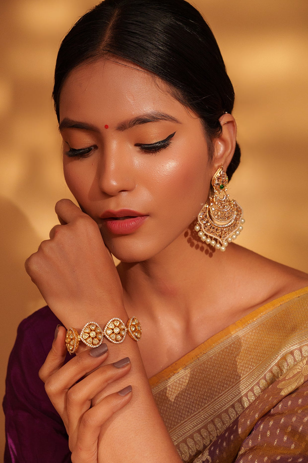 Gold Plated Floral Moissanite Stone Bracelet Zevar by Geeta - Fabilicious Fashion