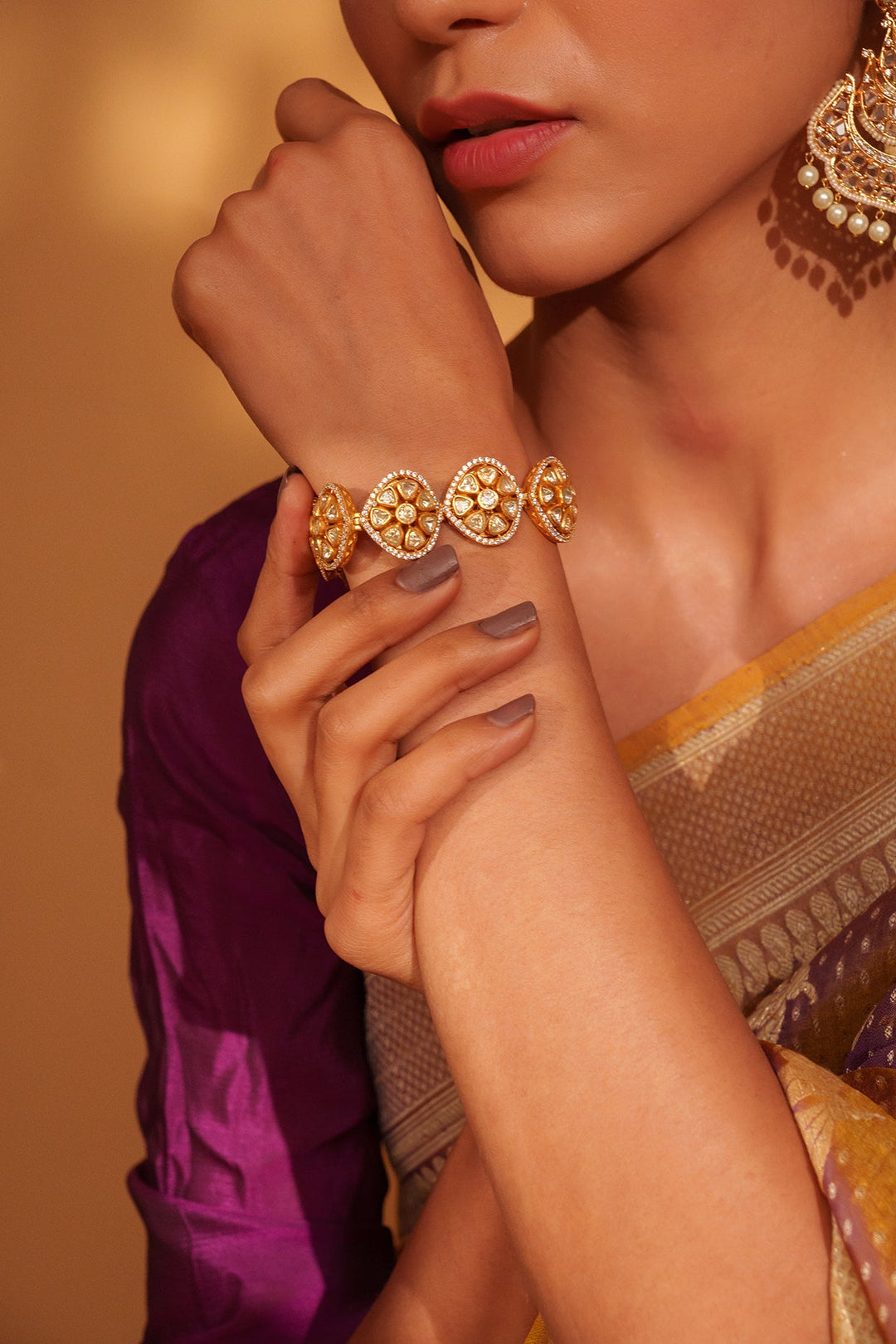 Gold Plated Floral Moissanite Stone Bracelet Zevar by Geeta - Fabilicious Fashion